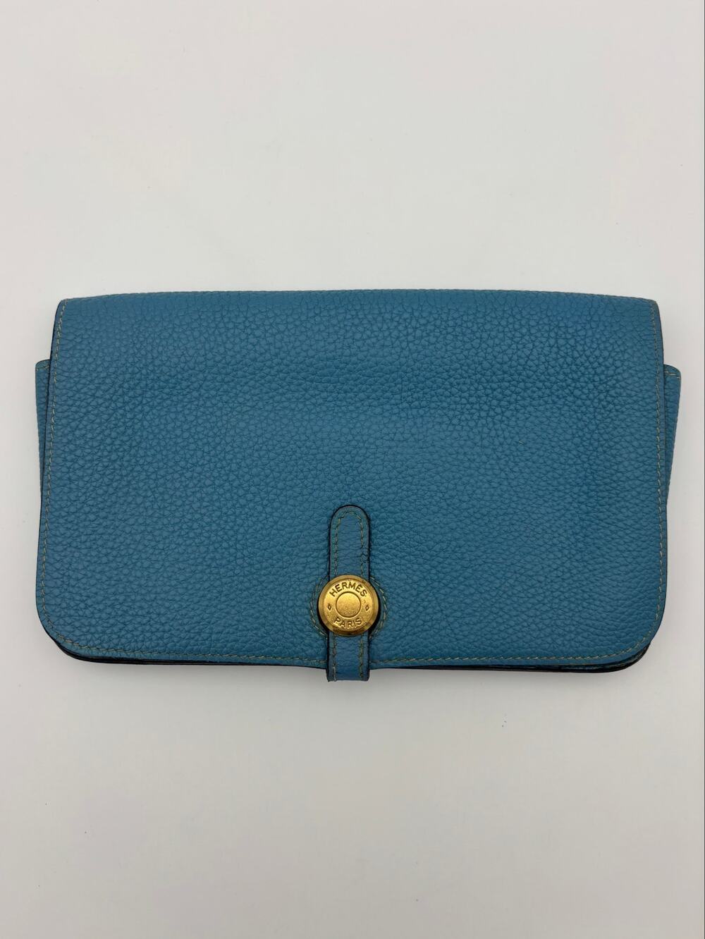 Hermes Series Button Clemence Dogon GM Togo Wallet Blue Pebbled Leather Vintage